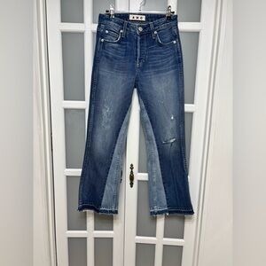AMO Size 25 High Rise Two-Tone Flare Jeans Distressed Raw Hem